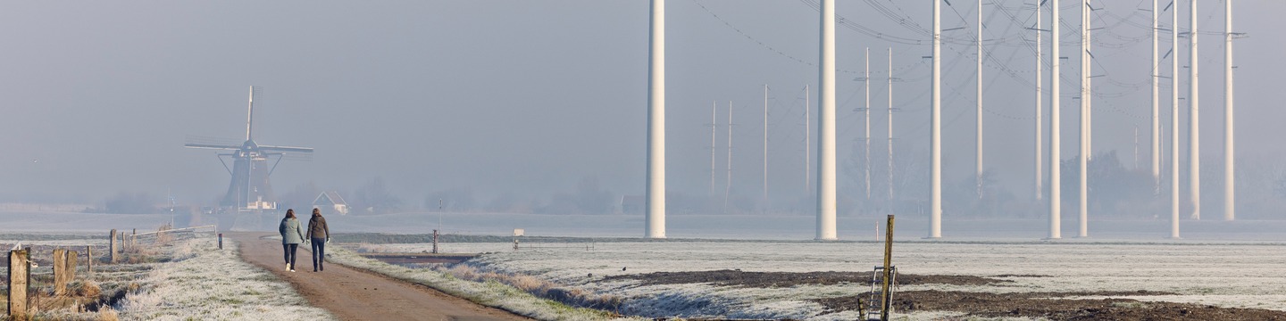 Molen en elektriciteitspalen in weiland bij Nieuwe Wetering